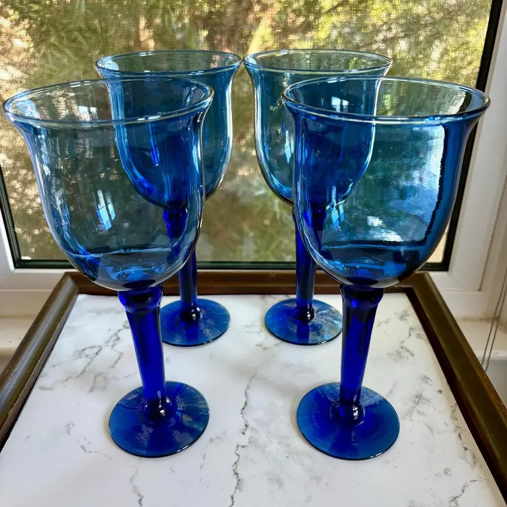 Vintage Mexican Blue Glass Goblets Set of 4 Tall Stemware